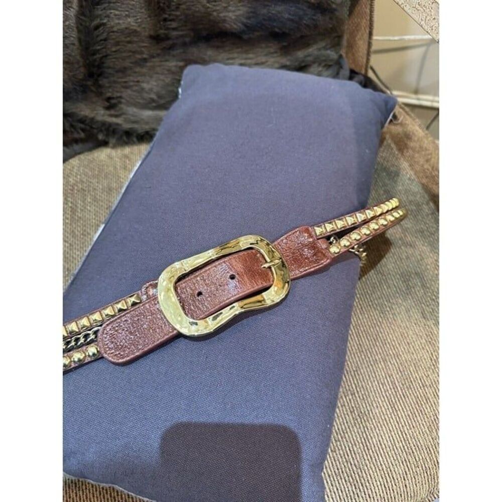 Leatherock  Brown Leather Belt Hammered Gold  3 Sections Studs Drape Sz L 36 USA
